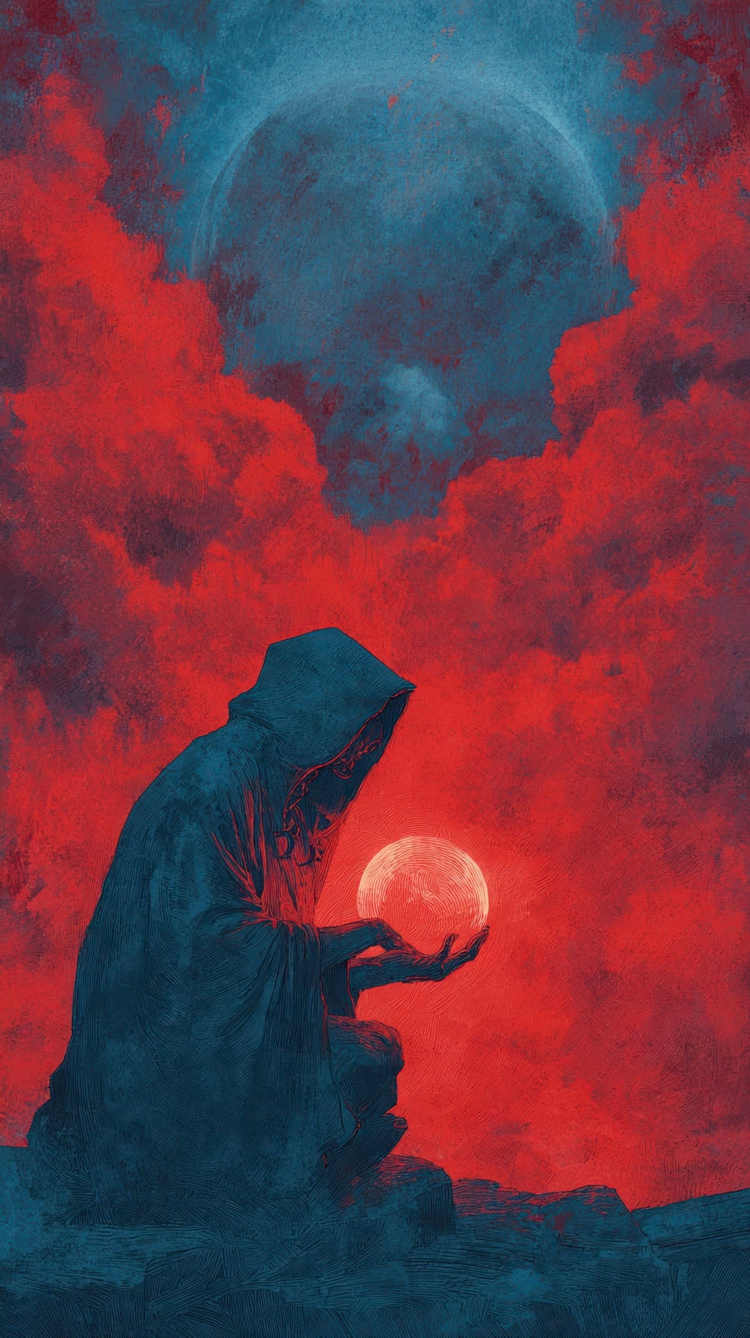 Wadi Home dark fantasy wall art print featuring a hooded figure holding a glowing orb against crimson clouds.