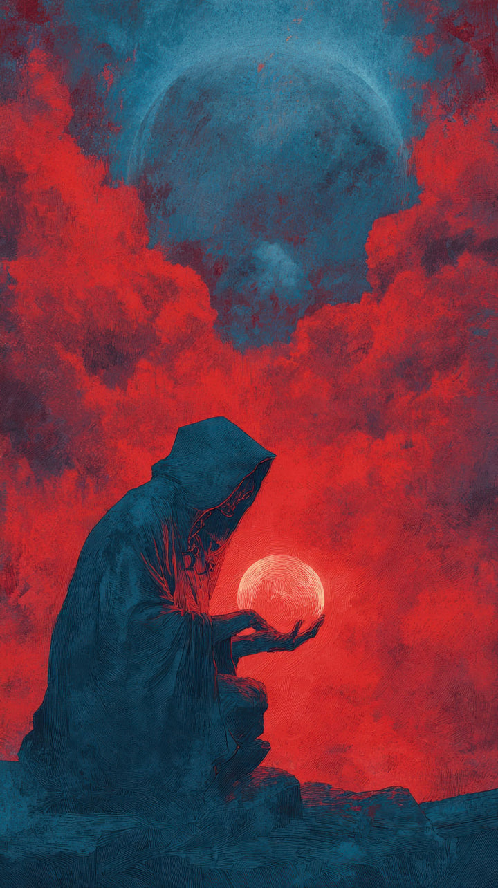 Wadi Home dark fantasy wall art print featuring a hooded figure holding a glowing orb against crimson clouds.