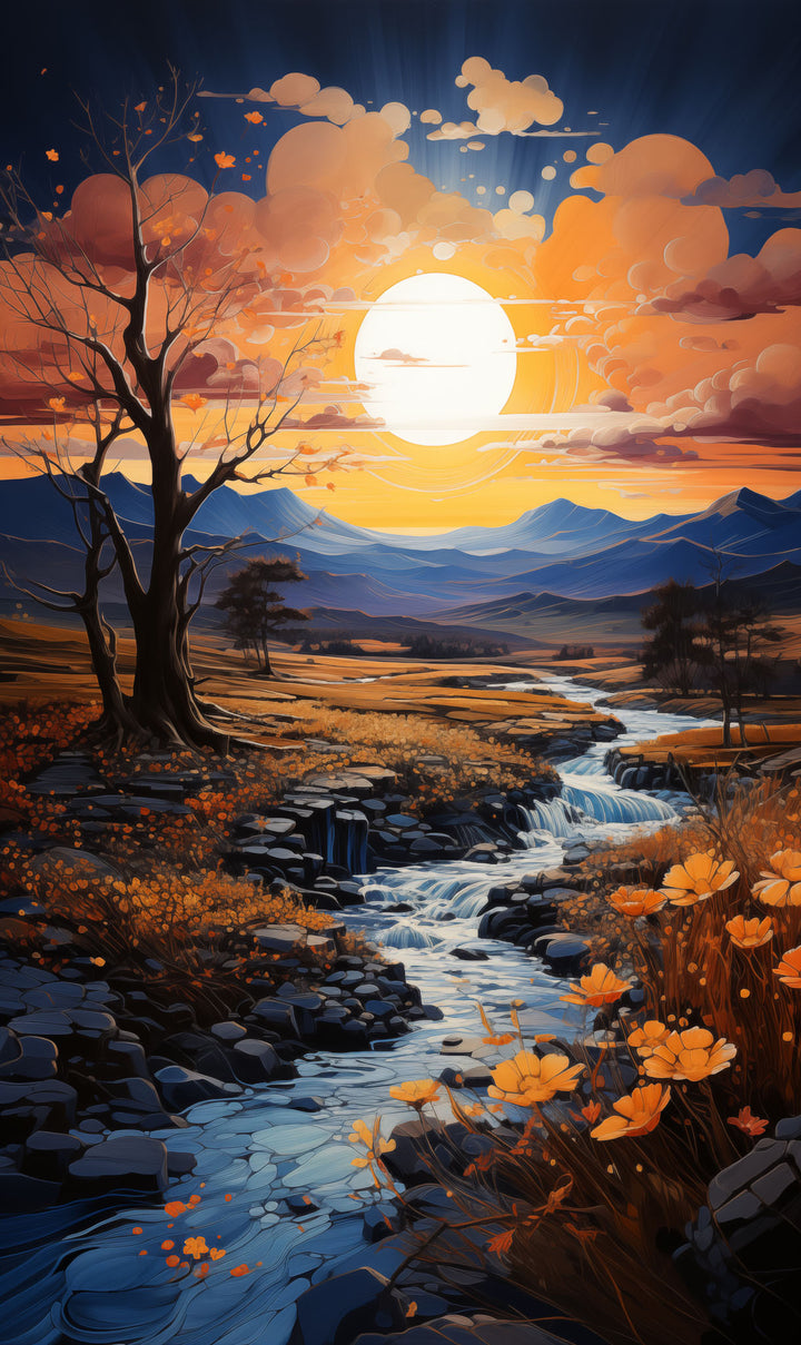 Wadi Home sunset landscape wall art print featuring a winding stream and golden hills above a modern grey sofa.