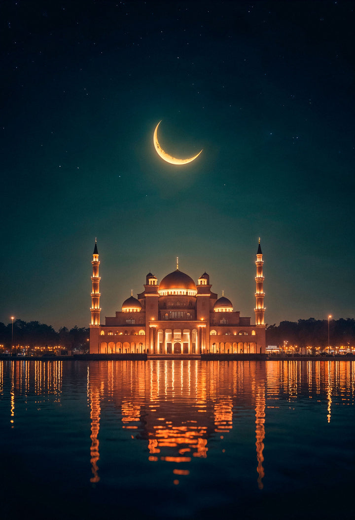 Wadi Home framed wall art of a glowing mosque at night with a crescent moon reflecting on tranquil water.