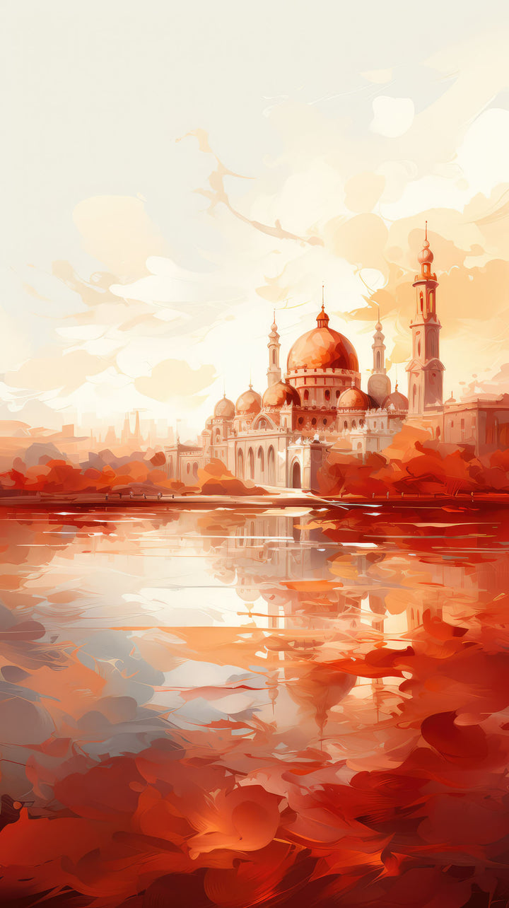 Wadi Home abstract mosque landscape wall art print with sunset orange and red tones hanging above a modern grey sofa.