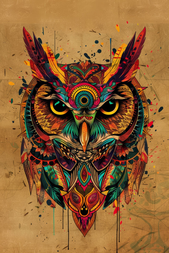 Wadi Home abstract owl wall art print with vibrant geometric patterns on a textured tan background above a grey sofa.