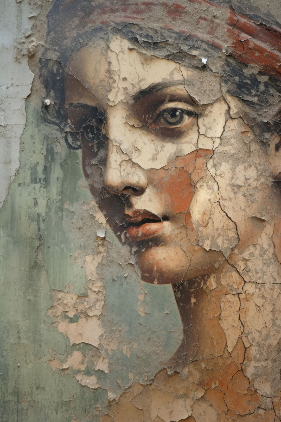 Wadi Home classical portrait wall art with distressed fresco texture hanging above a modern grey sofa in a living room