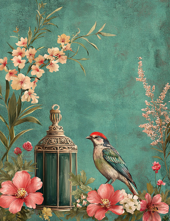 Wadi Home vintage botanical wall art featuring a songbird and lantern with floral accents on a textured teal background.