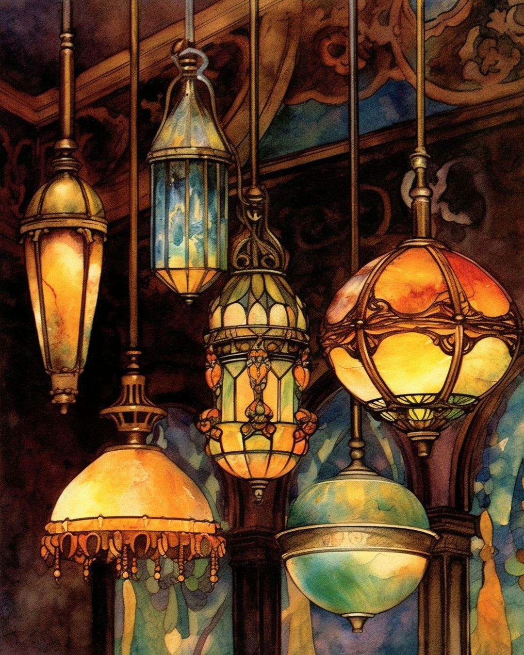 Wadi Home wall art print featuring vintage hanging lanterns with warm amber glow and intricate metalwork in a living room
