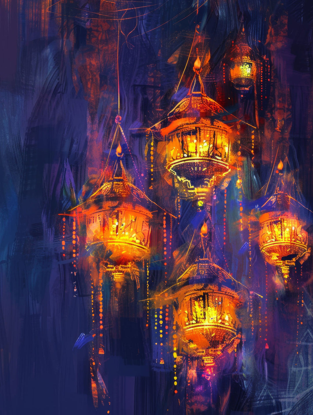 Wadi Home decorative wall art print featuring glowing orange and gold lanterns against a moody indigo background.