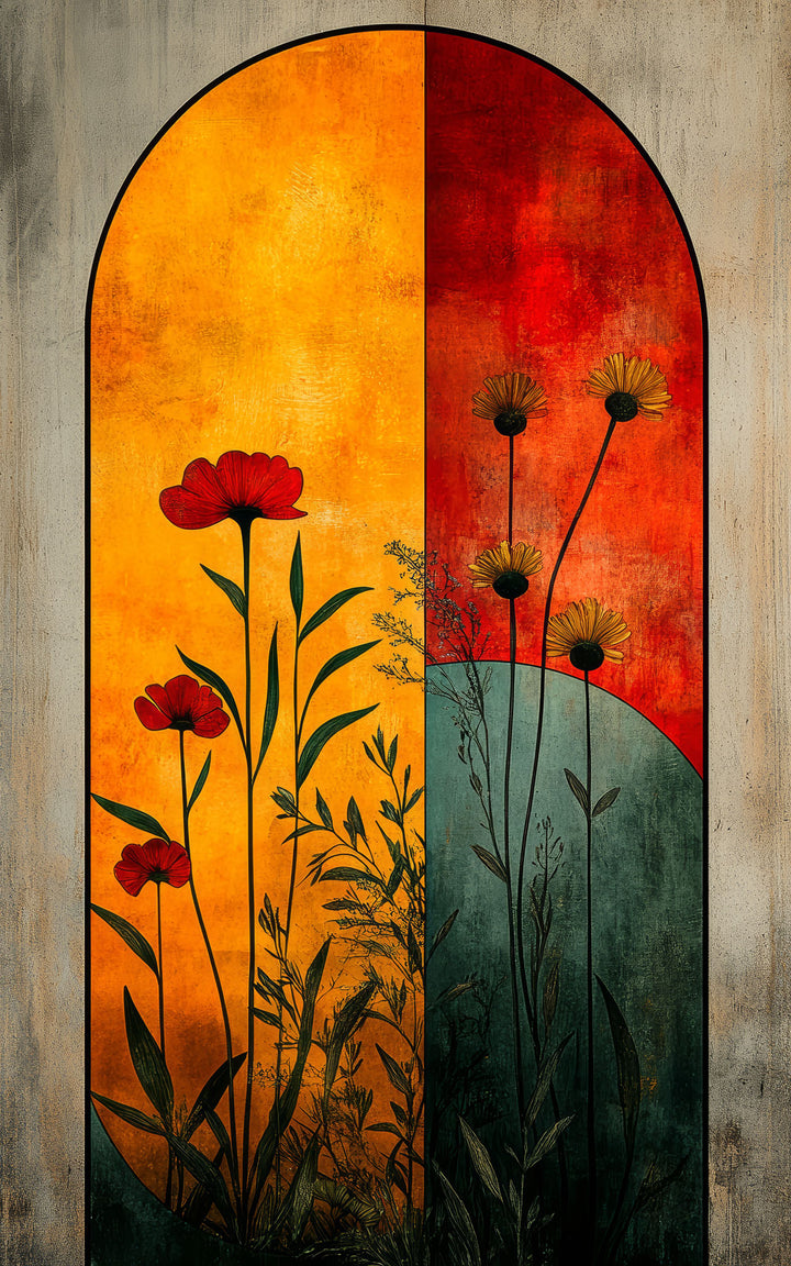 Wadi Home arched floral botanical wall art print with sunset orange, crimson, and teal tones above a modern sofa.