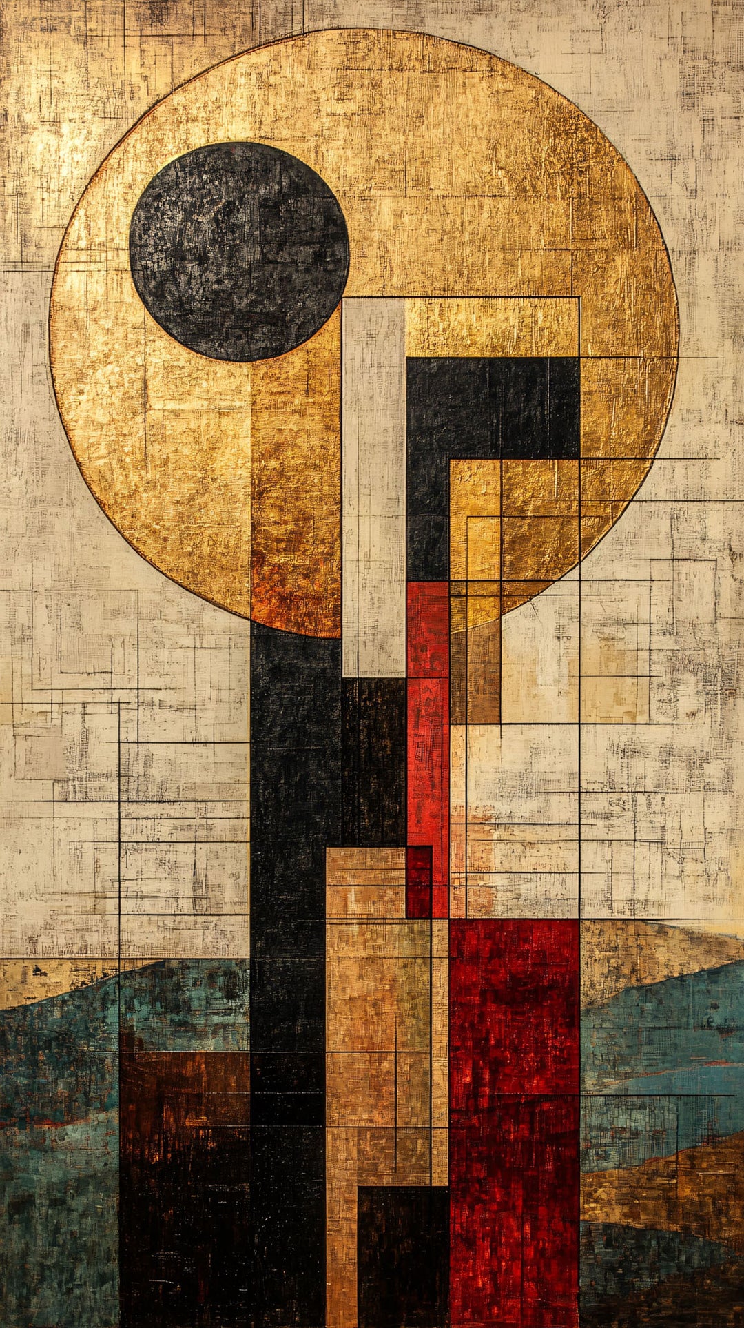 Wadi Home abstract geometric framed wall art with gold, black, and red accents displayed above a modern grey sofa.