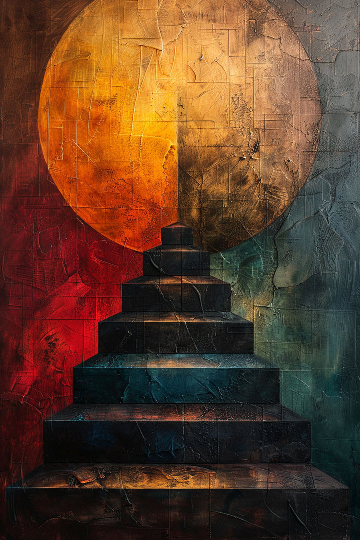 Wadi Home abstract staircase wall art print featuring a golden orb above geometric stairs in teal and burnt orange.