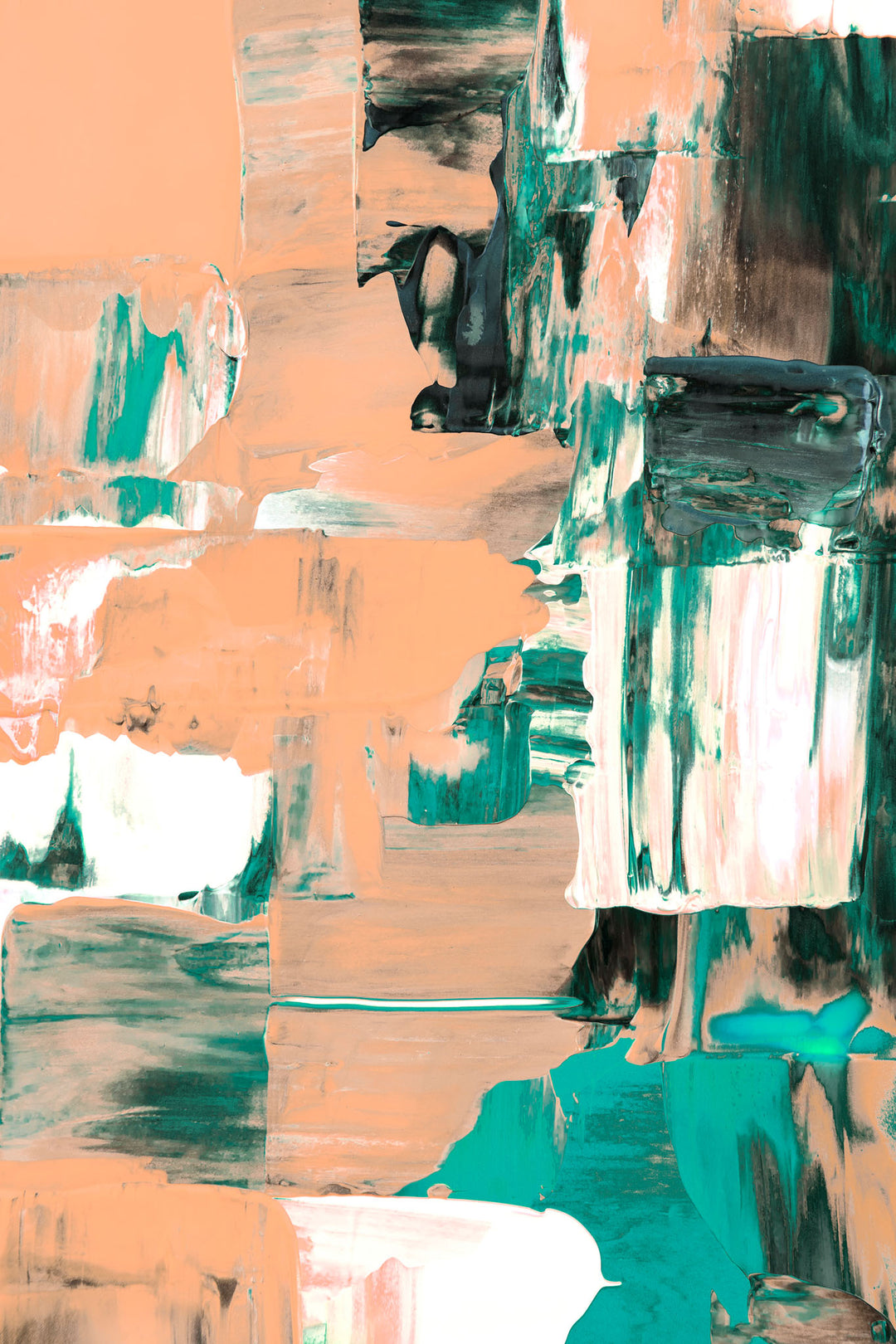Wadi Home abstract expressionist canvas print with peach and forest green brushstrokes hanging above a modern sofa.