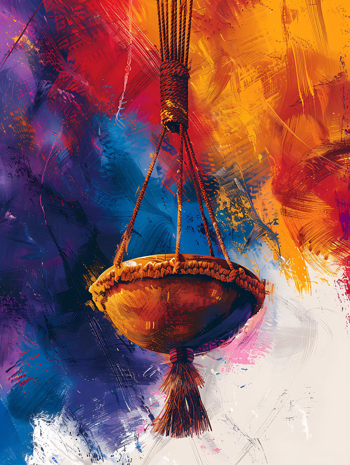 Wadi Home abstract hanging basket wall art print with vibrant orange, gold, purple, and blue brushstrokes above a sofa.