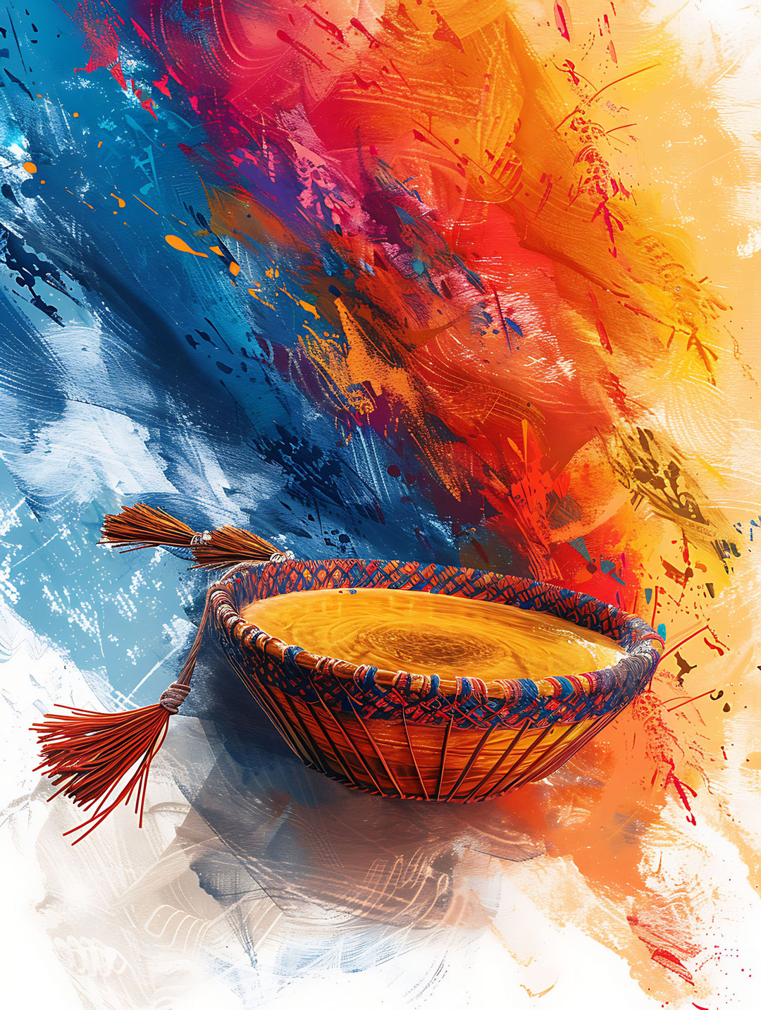 Wadi Home abstract wall art print featuring a woven basket with tassels against a vibrant blue, red, and yellow background