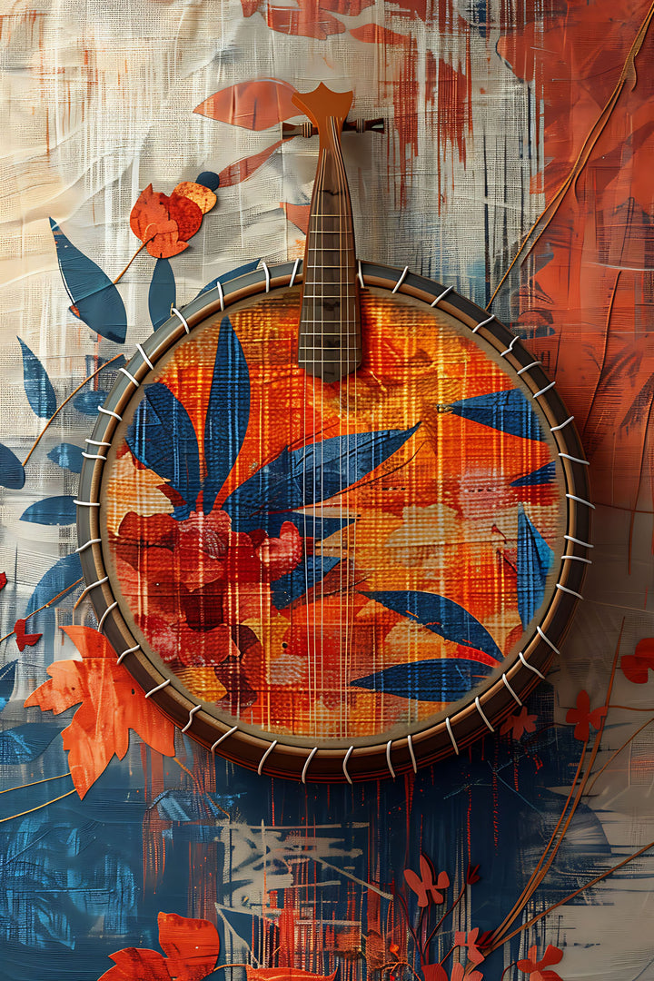 Wadi Home abstract musical instrument wall art print with blue and orange textured patterns above a modern sofa