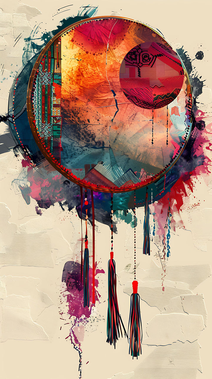 Wadi Home abstract dreamcatcher wall art print with vibrant red, orange, and gold watercolor textures above a sofa.