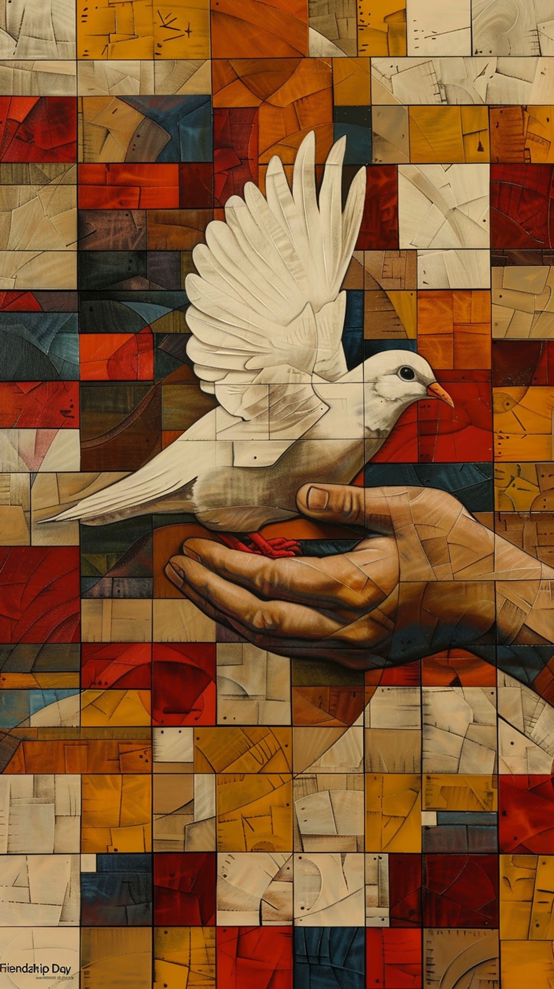 Wadi Home abstract dove wall art print featuring a white bird on a hand over a vibrant geometric mosaic background.