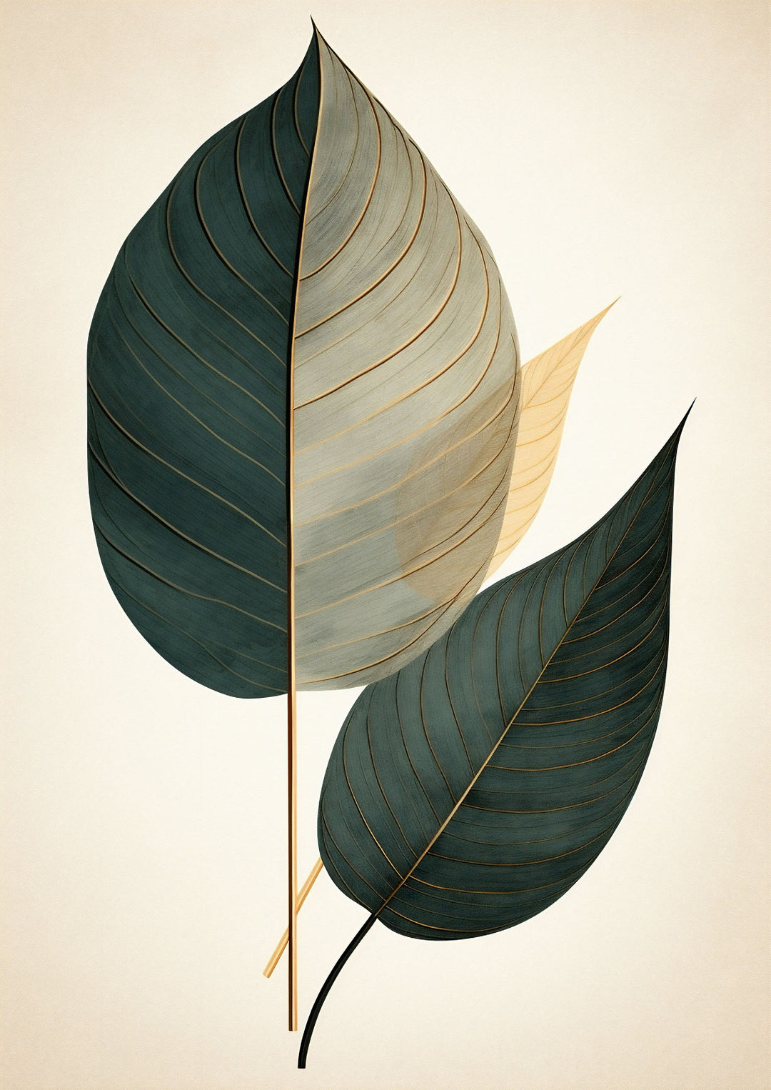 Wadi Home botanical leaf wall art print with teal and gold leaves on a cream background above a modern grey sofa.