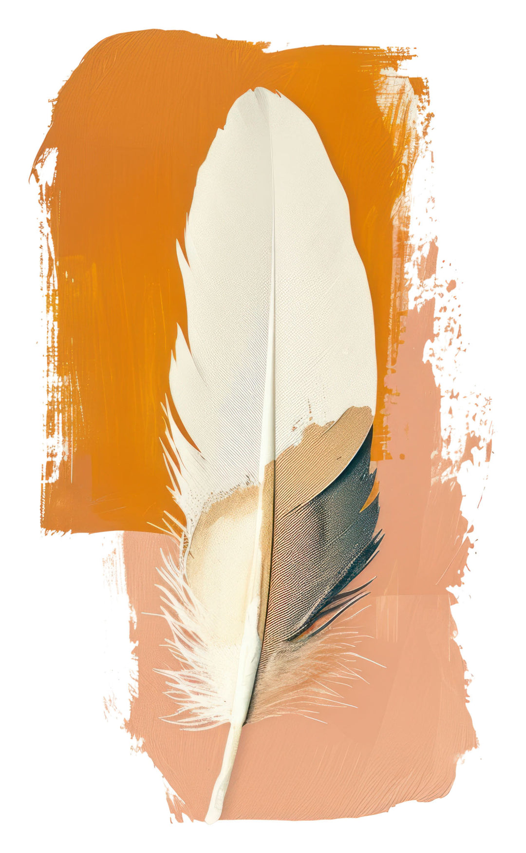 Wadi Home abstract feather wall art print with burnt orange and terracotta brushstrokes above a modern grey sofa.