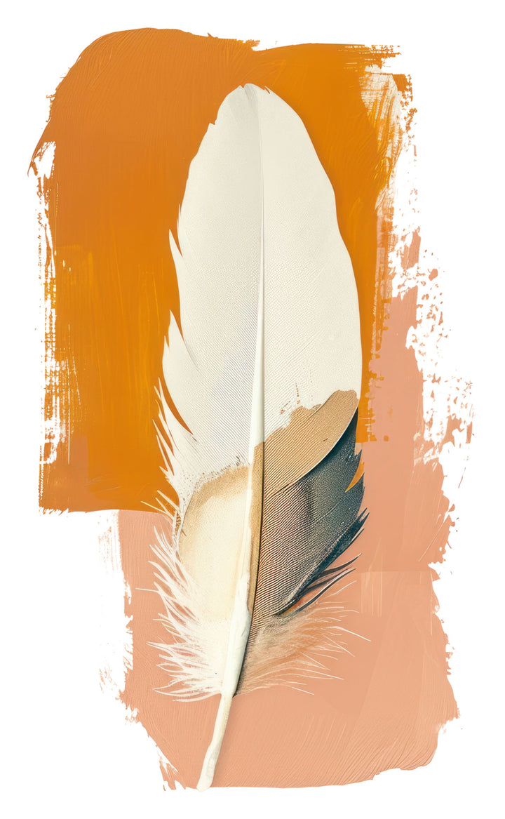 Wadi Home abstract feather wall art print with burnt orange and terracotta brushstrokes above a modern grey sofa.