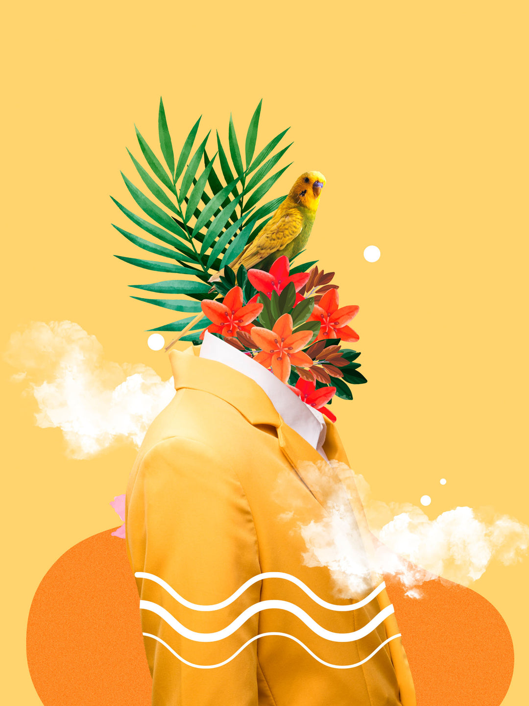 Wadi Home surreal botanical portrait wall art featuring a figure with tropical flowers and a bird on a yellow background