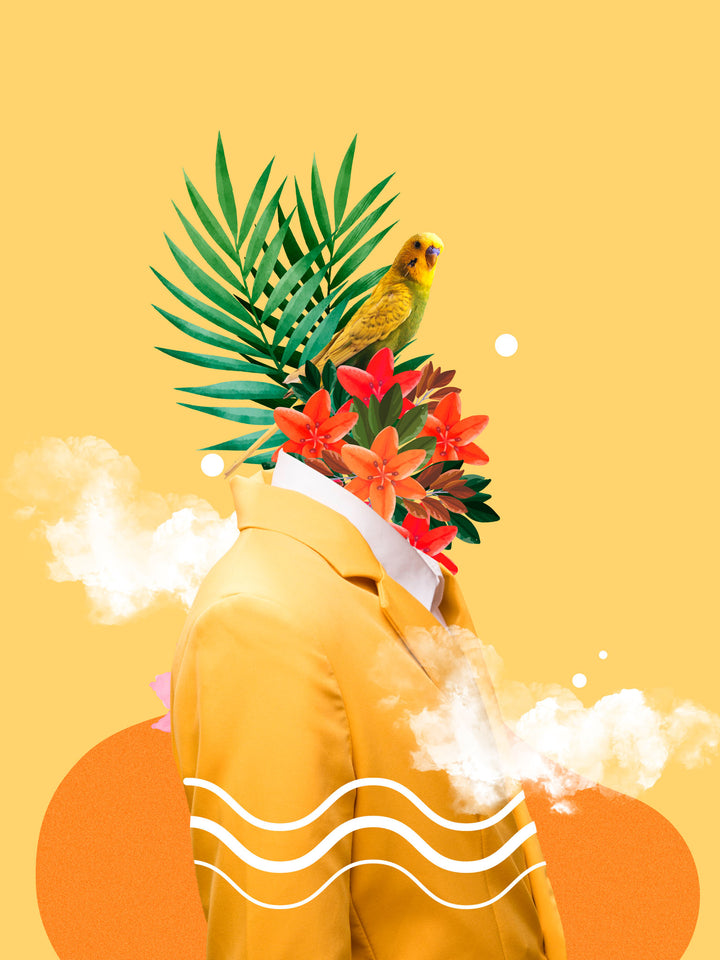 Wadi Home surreal botanical portrait wall art featuring a figure with tropical flowers and a bird on a yellow background