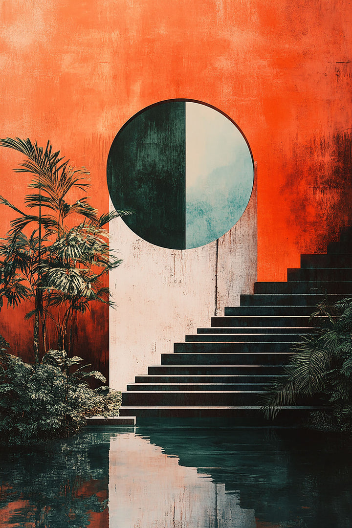 Wadi Home abstract architectural wall art print featuring a vibrant orange backdrop, geometric staircase, and pool.