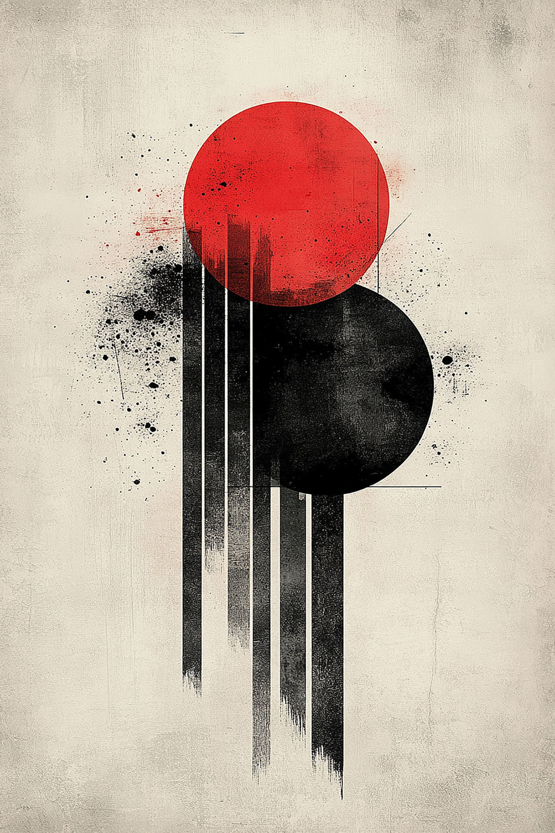 Wadi Home abstract geometric wall art print with red and black circles on a textured off-white background.