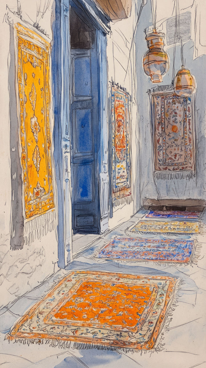 Wadi Home watercolor wall art print of a Middle Eastern bazaar with ornate rugs hanging in a living room setting.