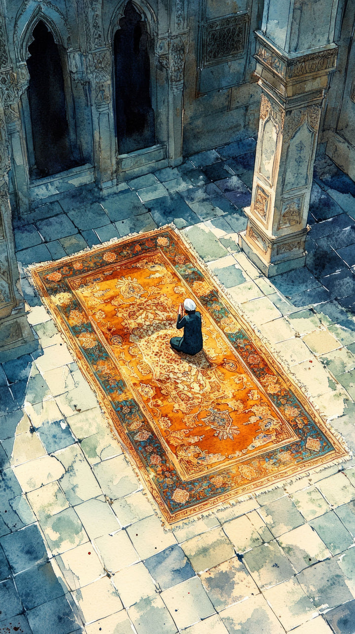 Wadi Home decorative wall art print featuring a person praying on an ornate rug in a sunlit stone courtyard.