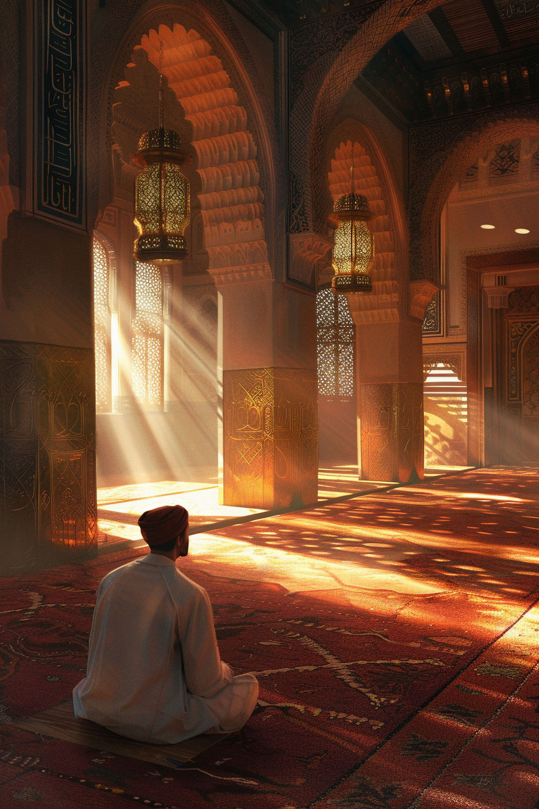 Wadi Home framed wall art print featuring a person in prayer inside a sunlit mosque with golden arches and lanterns.