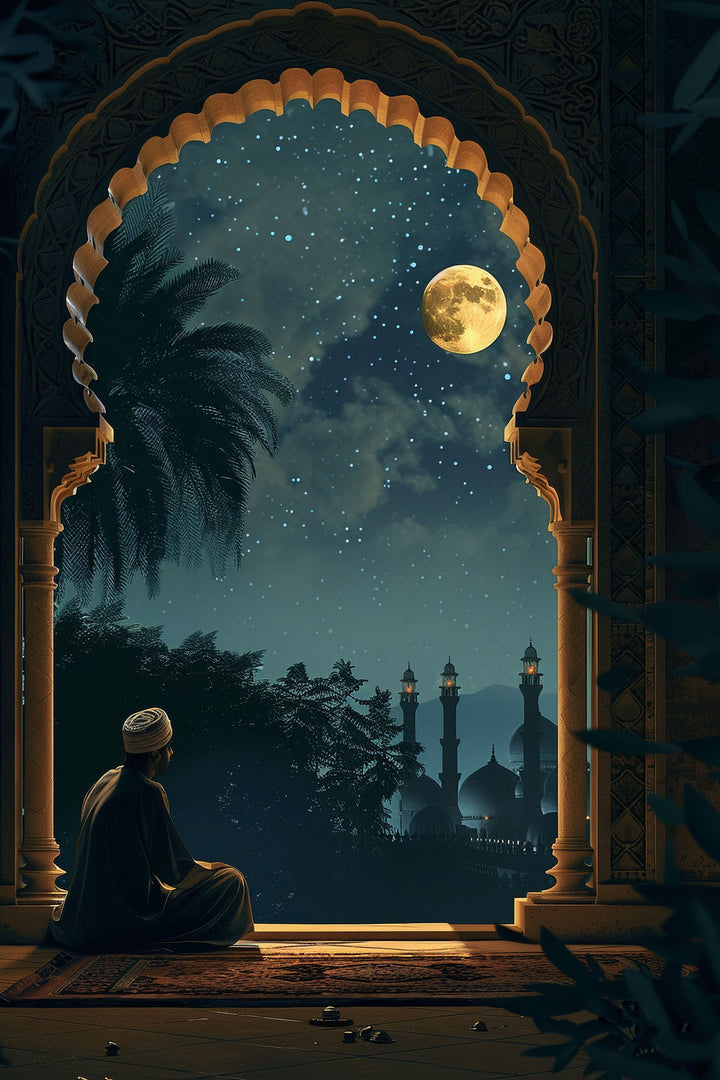 Wadi Home wall art print featuring a person looking through a traditional archway at a moonlit night landscape.