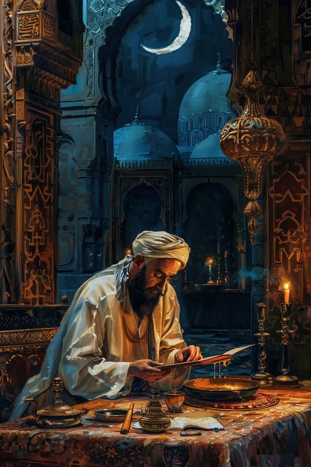Wadi Home traditional scholar reading wall art print featuring a man studying by candlelight in a moonlit setting.