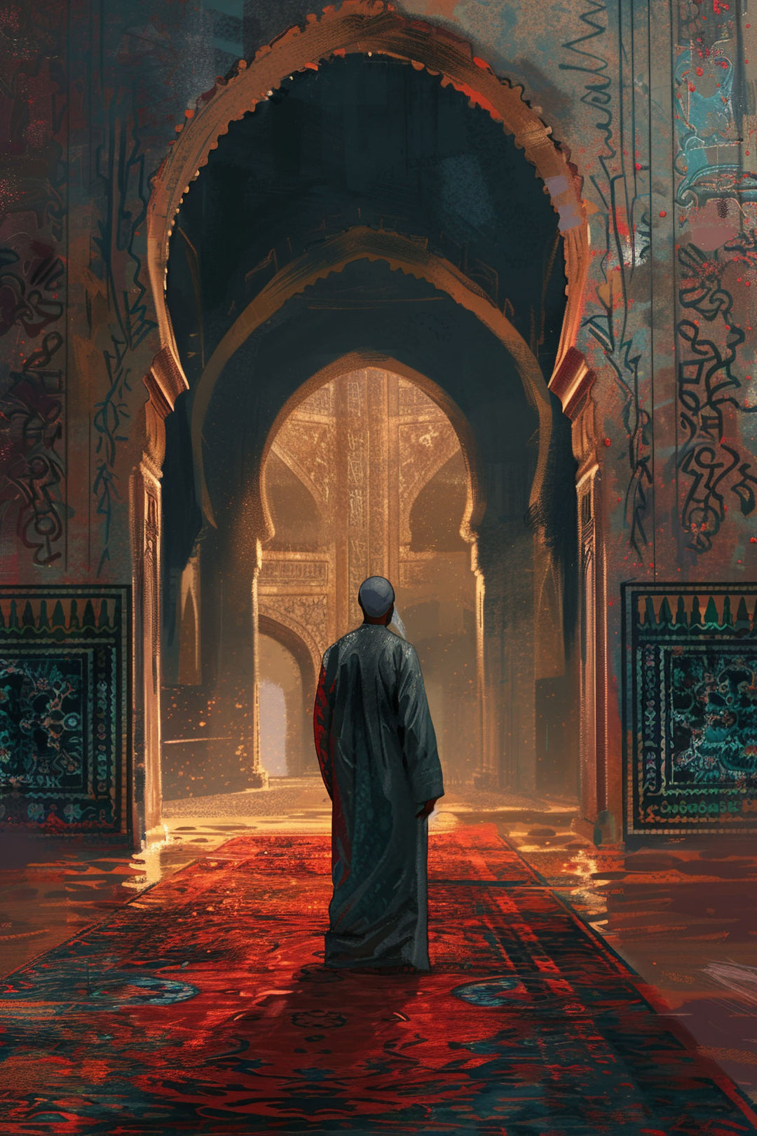 Wadi Home traditional architectural wall art print featuring a figure in an arched corridor with warm red and gold tones.