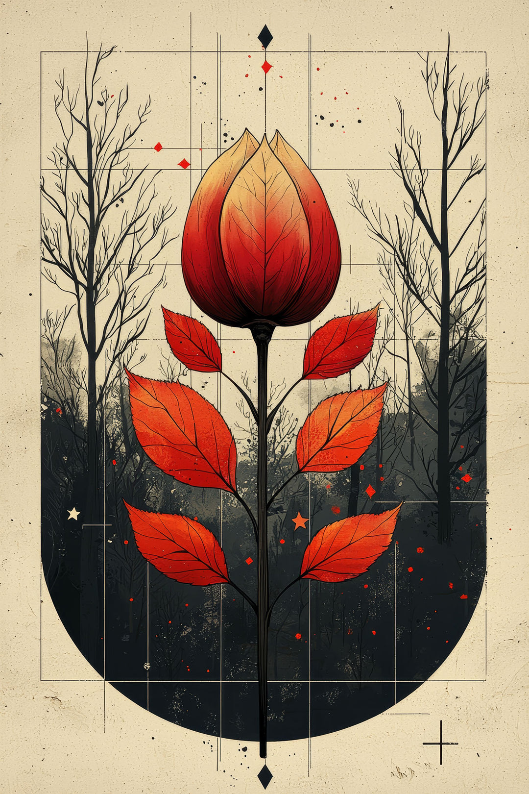 Wadi Home abstract botanical wall art print featuring a red floral motif on a neutral background in a modern living room