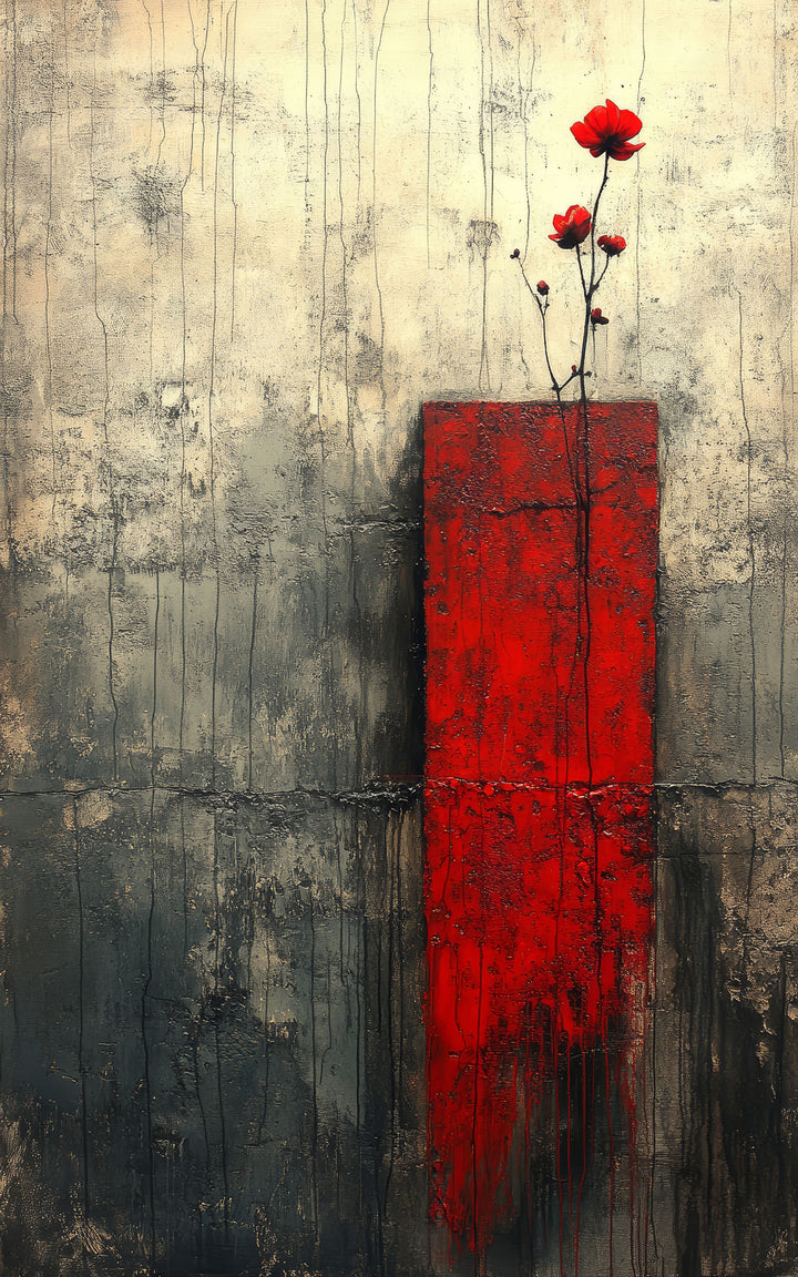 Wadi Home abstract floral canvas print with red and charcoal textured design hanging above a modern grey sofa