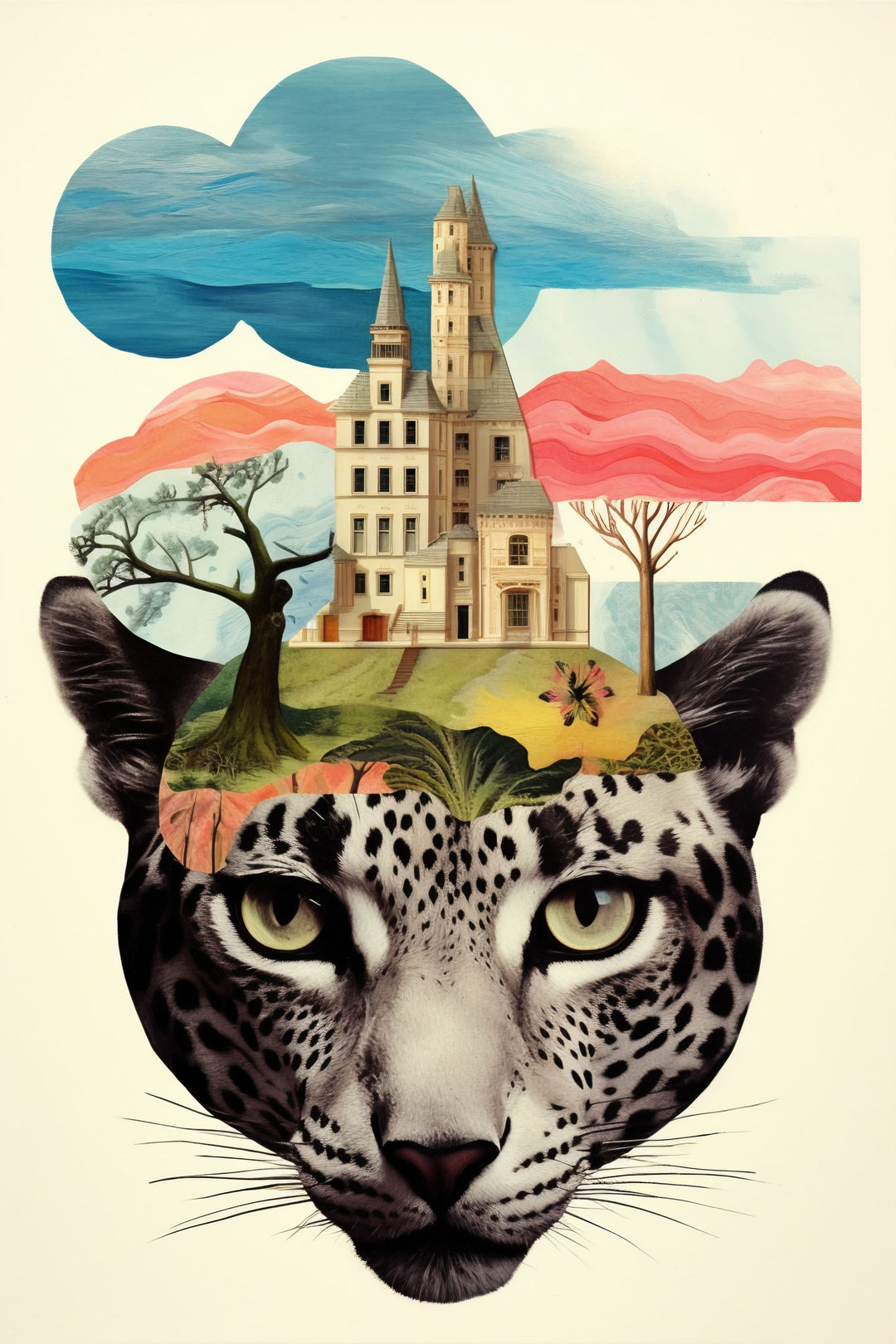 Wadi Home surreal wall art print featuring a snow leopard head with a fairytale castle landscape on its crown.