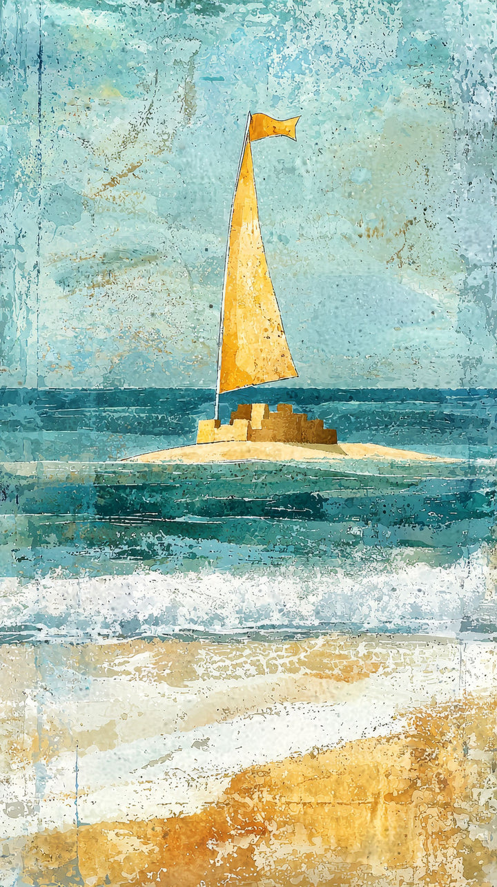 Wadi Home abstract sailboat wall art print with blue, teal, and golden yellow tones hanging above a modern sofa.
