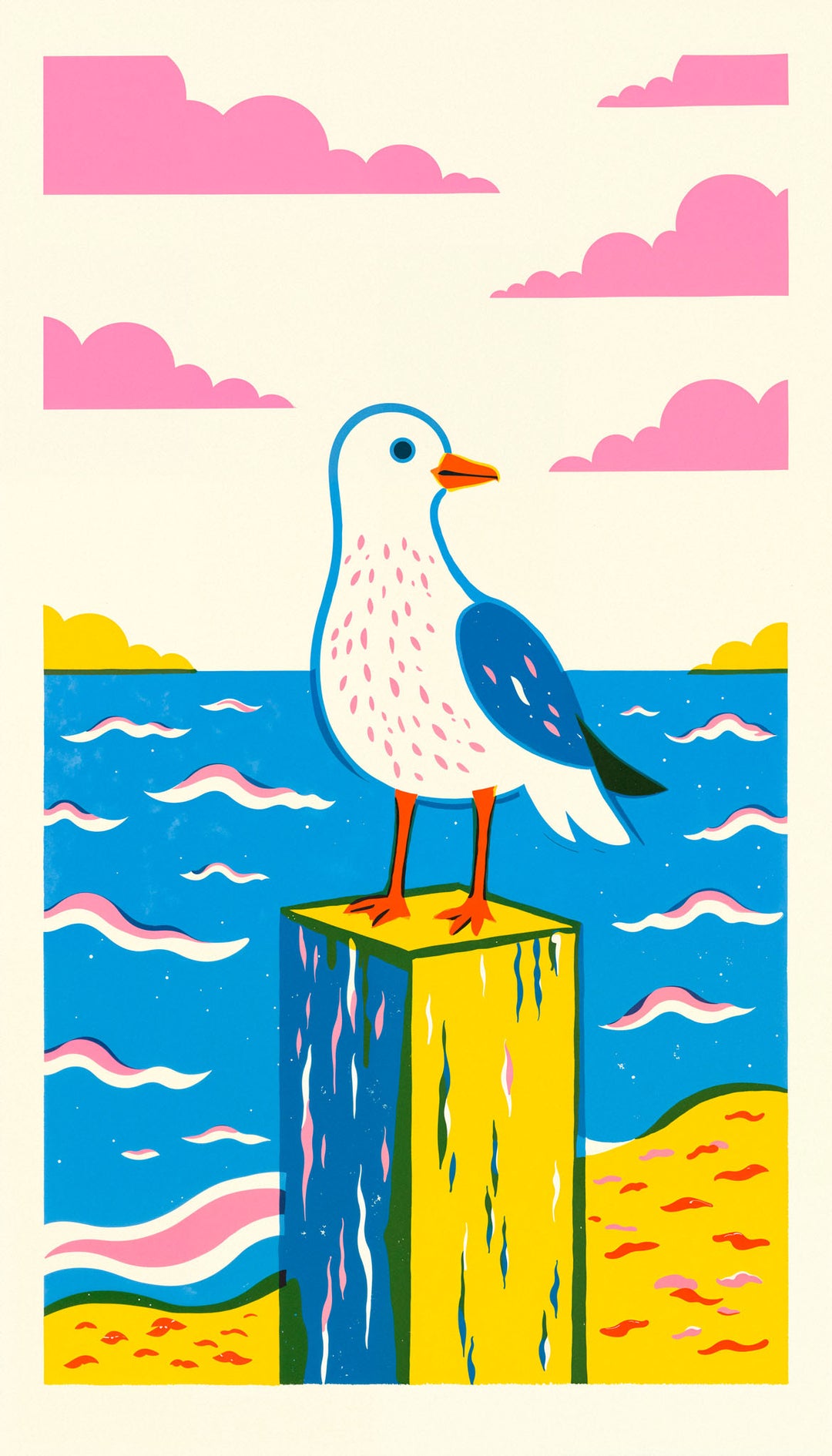 Wadi Home seaside seagull illustration wall art print featuring a stylized bird on a post above a blue ocean.