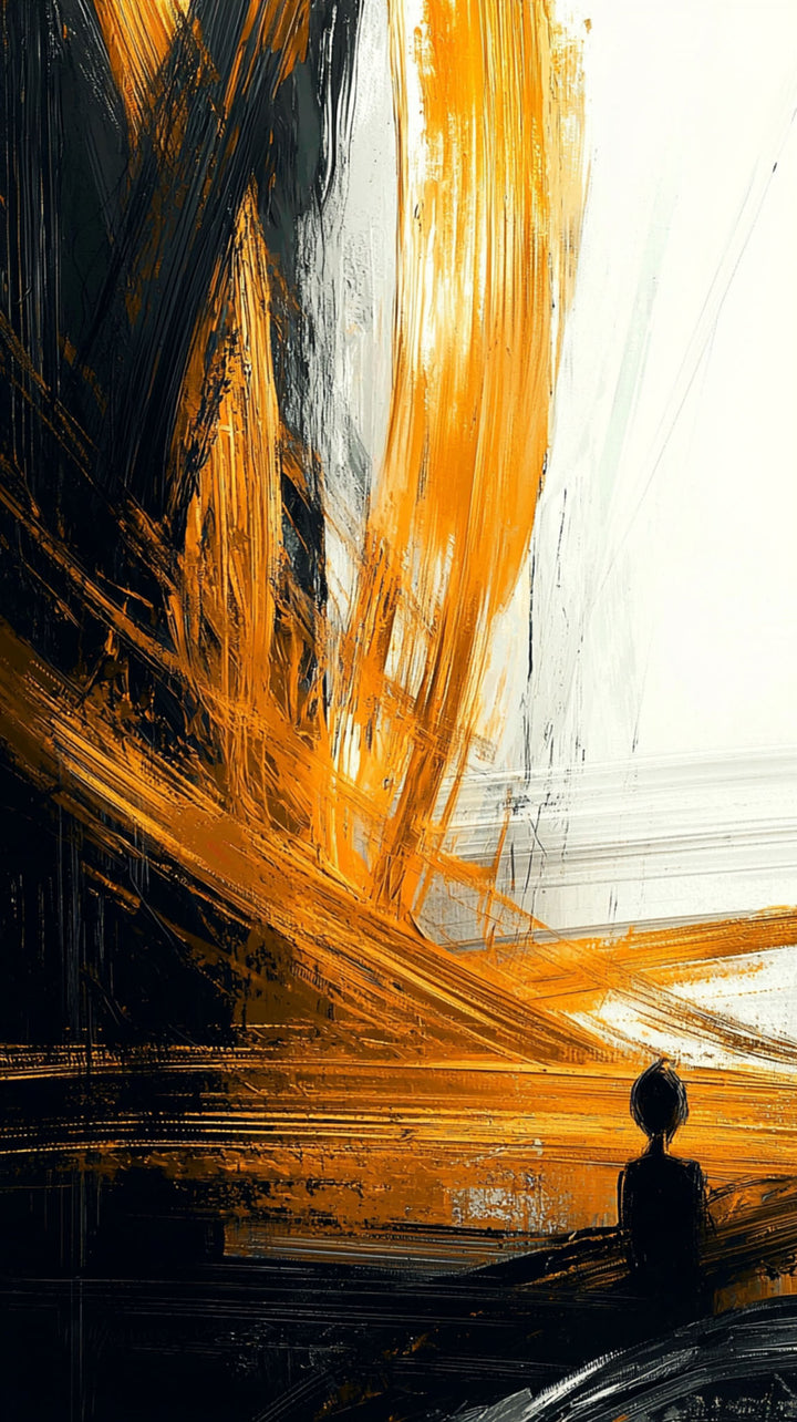 Wadi Home abstract expressionist wall art with black, white, and golden amber brushstrokes above a modern sofa.