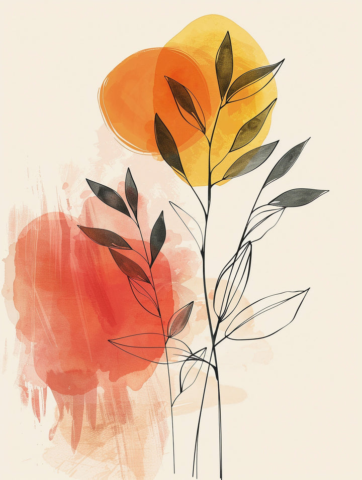 Wadi Home framed abstract botanical wall art with black line drawings and sunset orange watercolor on cream background