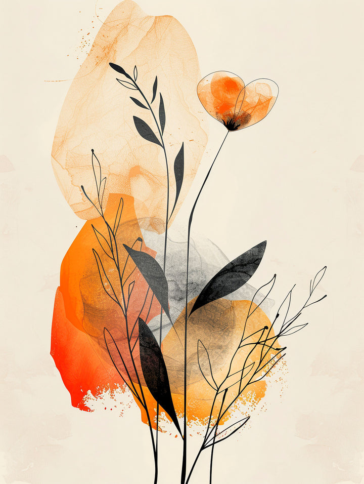 Wadi Home abstract botanical wall art print with amber and charcoal floral line drawings above a modern grey sofa.