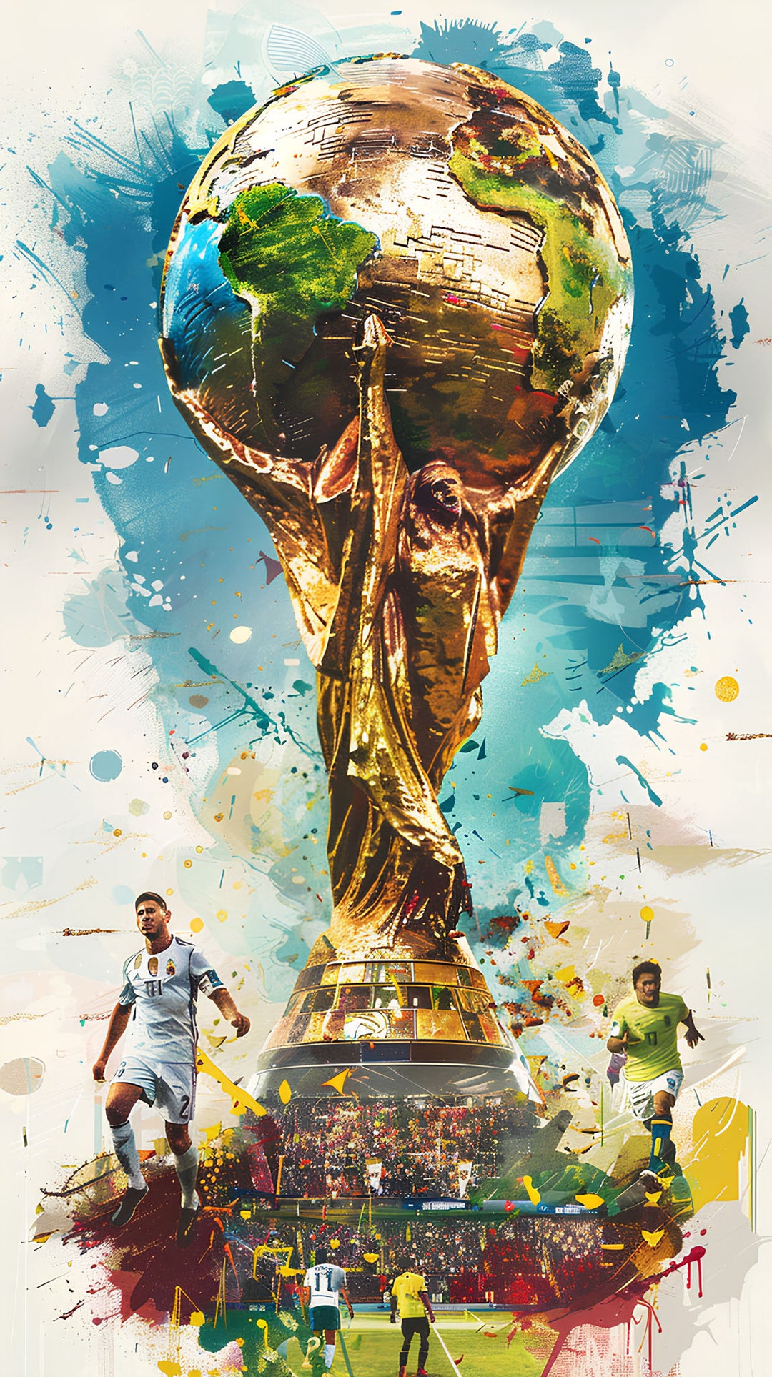 Wadi Home framed wall art featuring a vibrant, artistic golden soccer trophy with players on a splash-style background.