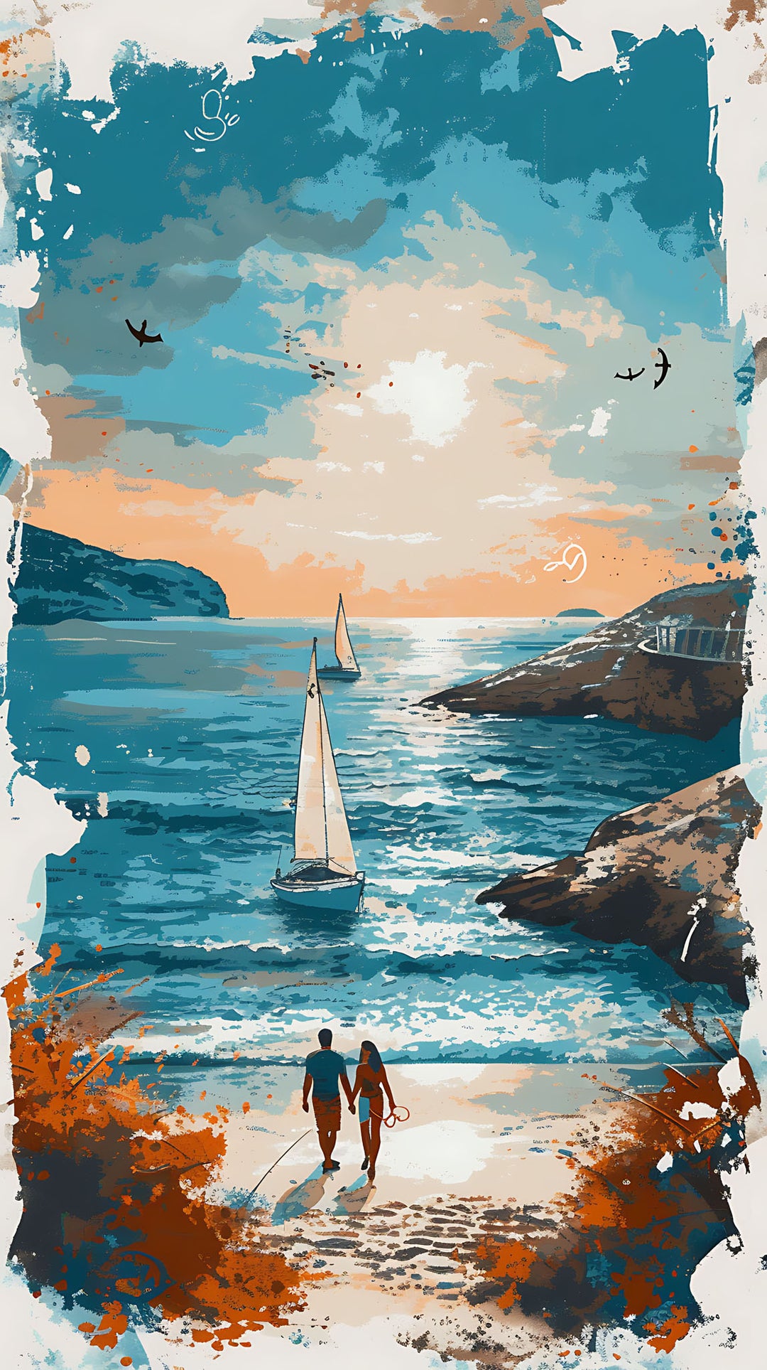Wadi Home coastal couple sunset beach wall art print featuring a painterly ocean scene above a modern grey sofa.