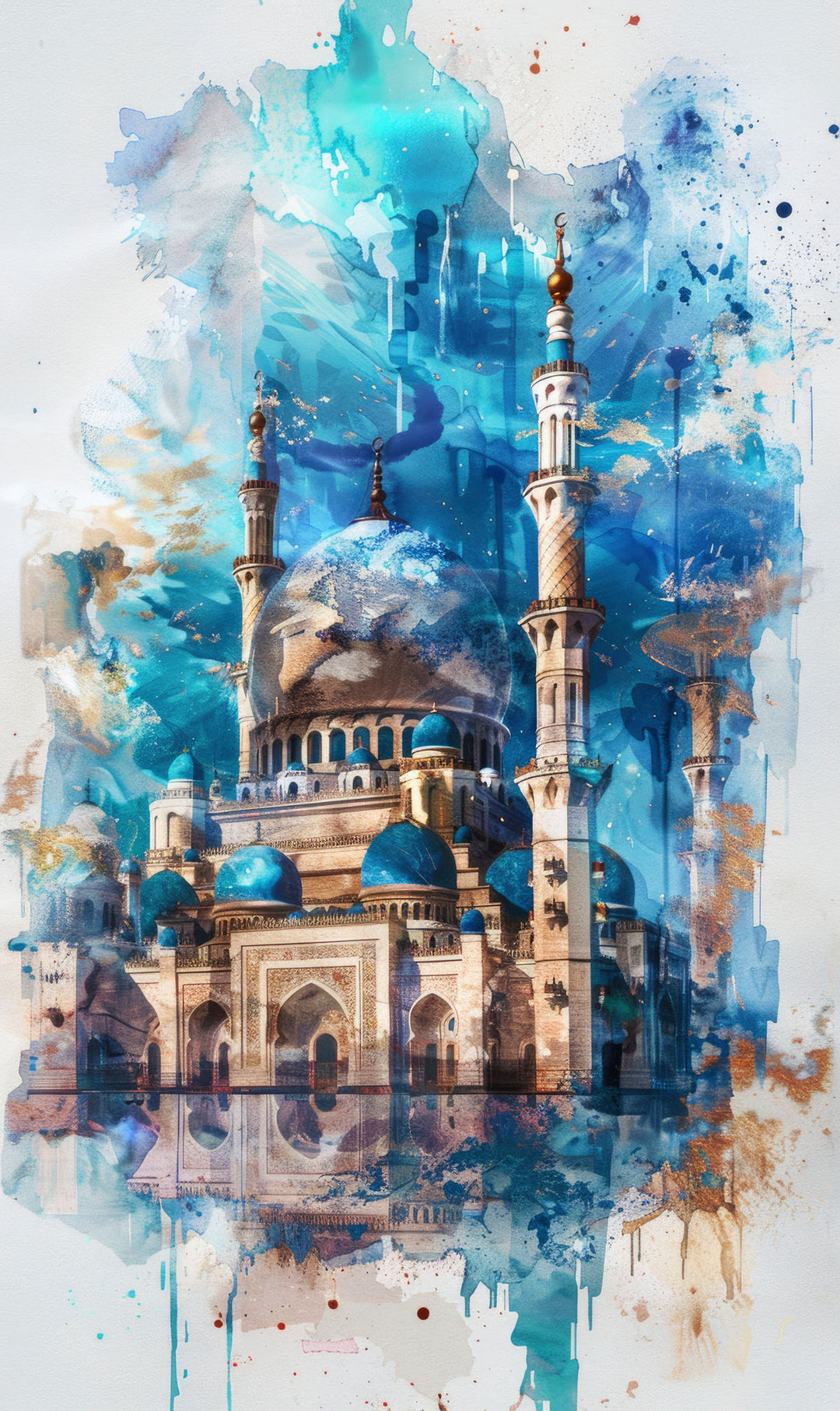 Wadi Home abstract mosque watercolor wall art print in blue and turquoise hanging above a modern grey sofa.