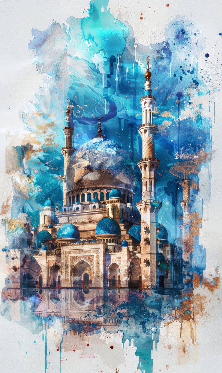 Wadi Home abstract mosque watercolor wall art print in blue and turquoise hanging above a modern grey sofa.