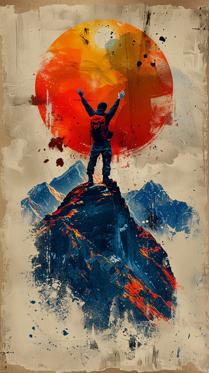 Wadi Home mountain climber wall art print featuring a silhouetted hiker on a peak against a vibrant orange sun.
