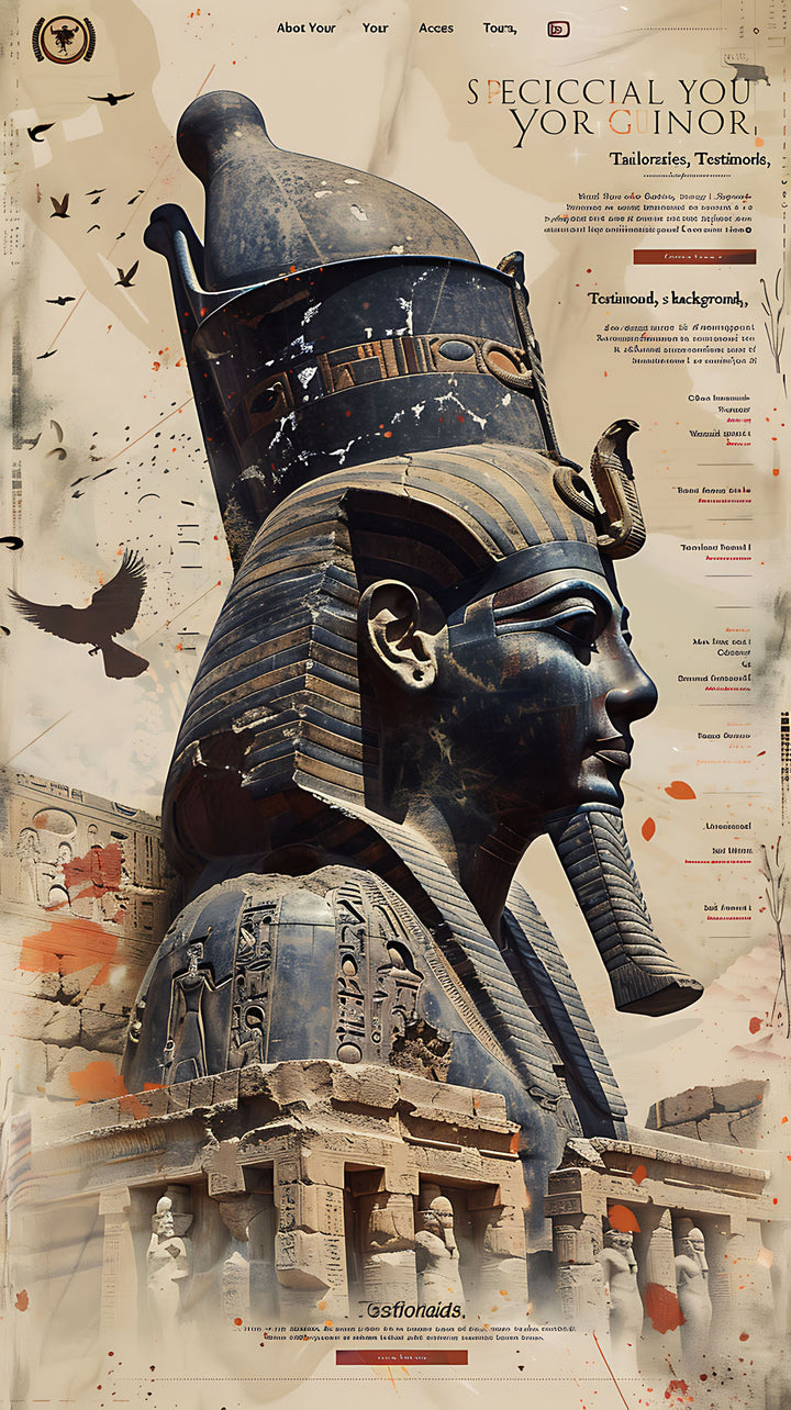 Wadi Home Ancient Egyptian Pharaoh wall art poster featuring a detailed profile portrait in earthy tones above a sofa.