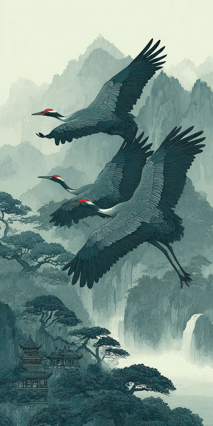 Wadi Home Japanese crane landscape wall art print featuring flying cranes over misty mountains in teal and cream tones.