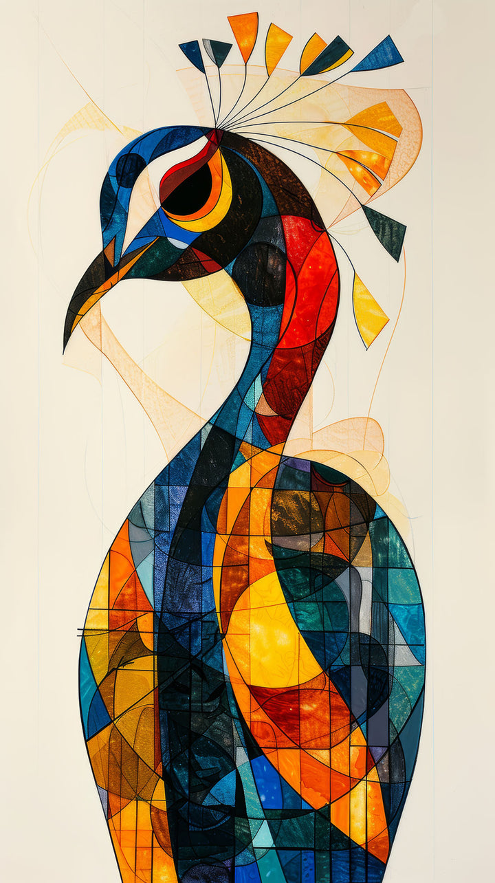 Wadi Home abstract geometric peacock wall art print with vibrant blue, orange, and yellow patterns above a grey sofa.