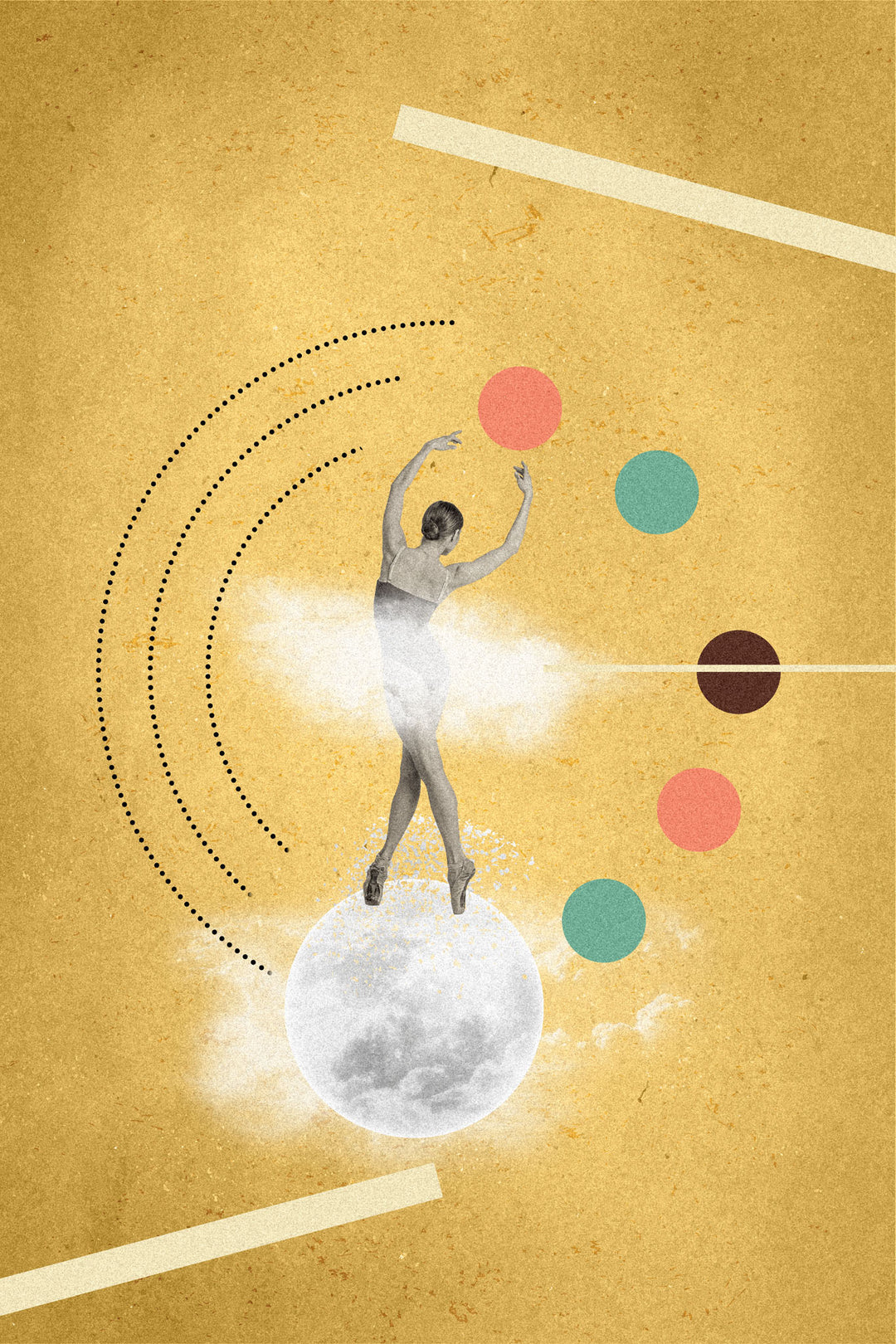 Wadi Home surrealist dancer wall art print featuring a figure on a moon against a golden yellow background.