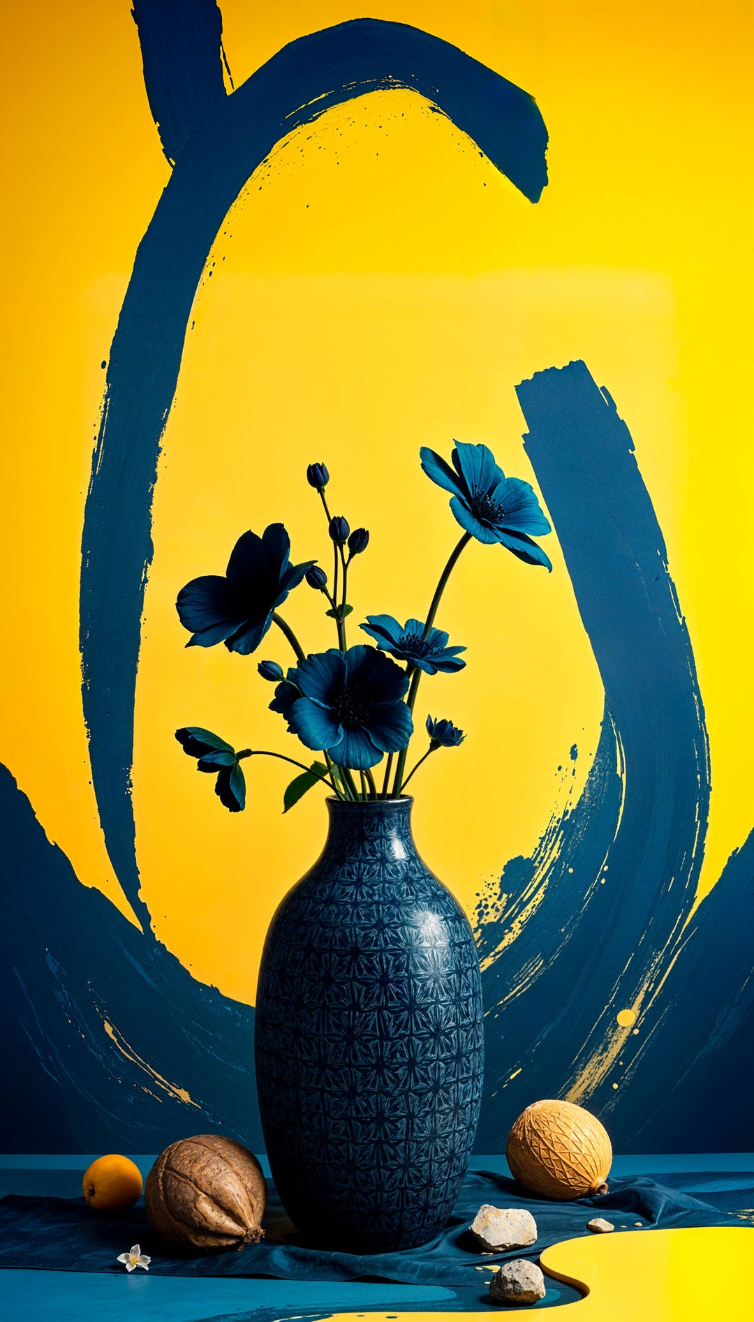 Wadi Home abstract floral still life wall art featuring a navy blue vase on a vibrant yellow background in a living room